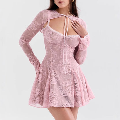 Conjunto de vestido suspensório de blusa de renda de duas peças